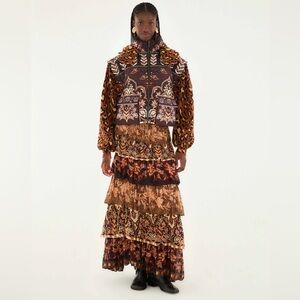 FARM RIO Mixed Scarves Ruffled Maxi Skirt